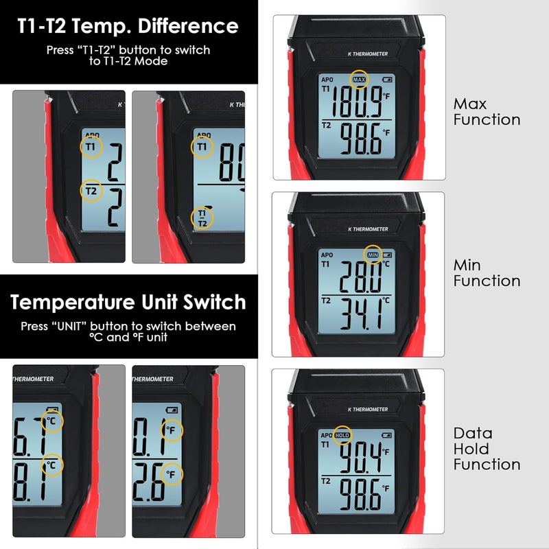 JuviPerpric Digital Thermocouple Thermometer Dual Channel K Type Thermometer(-328~2501℉) with 4 K-Type Thermocouple Probes LCD Display Temperature Tester for K Type - Image 2